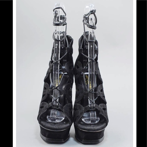 Saint Laurent Black Tribute Ghillie Suede Lace Up Sandals Heels Size 36 - Picture 3 of 16